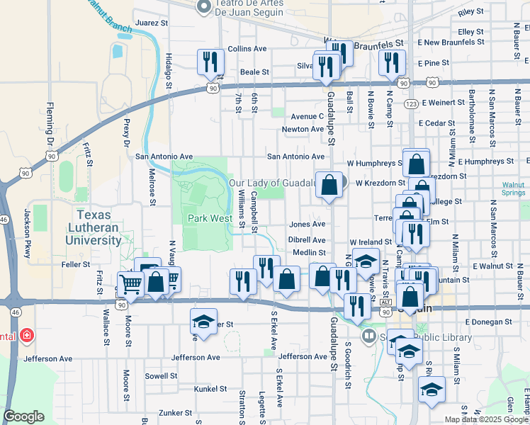 map of restaurants, bars, coffee shops, grocery stores, and more near 621 Campbell Street in Seguin