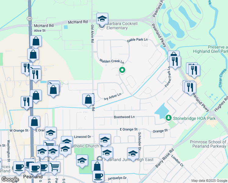 map of restaurants, bars, coffee shops, grocery stores, and more near 1917 Ivy Arbor Court in Pearland