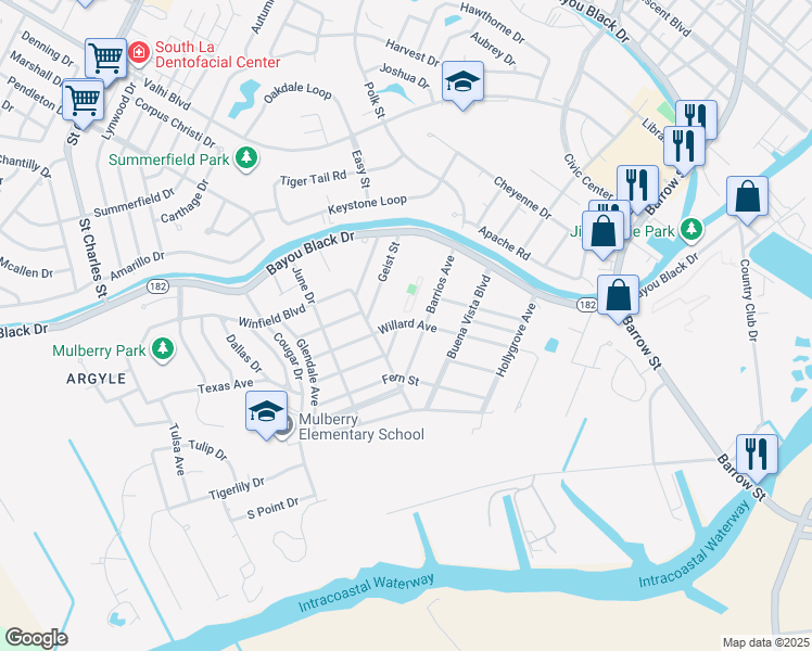 map of restaurants, bars, coffee shops, grocery stores, and more near 333 Willard Avenue in Houma
