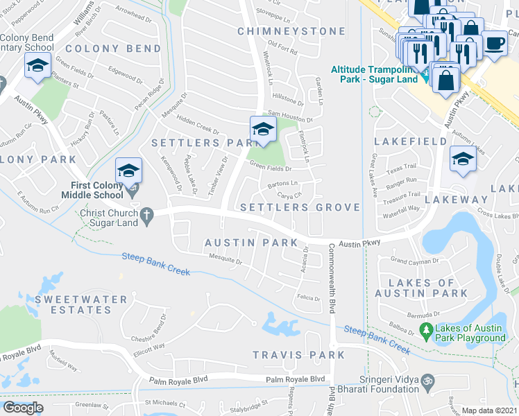map of restaurants, bars, coffee shops, grocery stores, and more near 3206 Bayou Crossing in Sugar Land