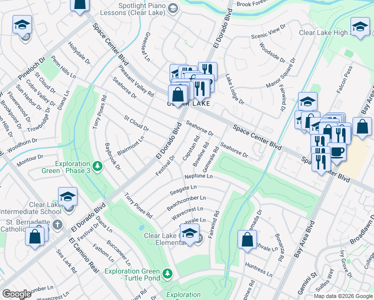 map of restaurants, bars, coffee shops, grocery stores, and more near 1626 Festival Drive in Houston