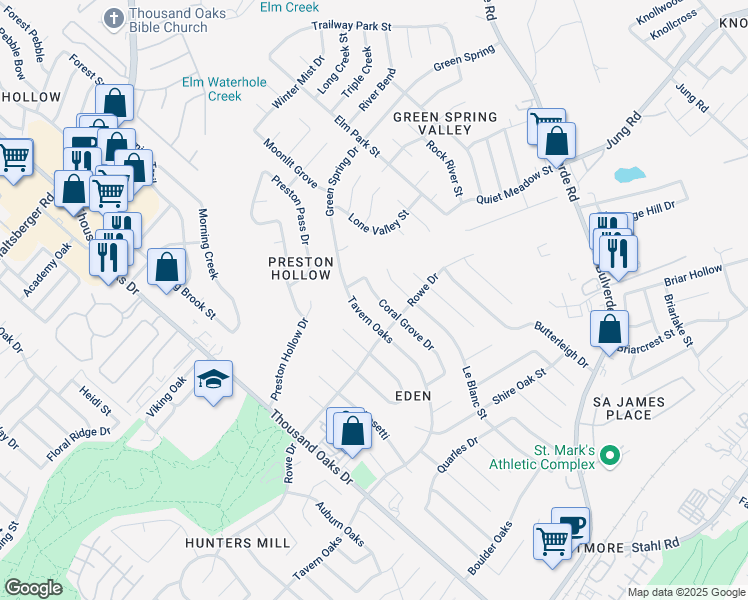 map of restaurants, bars, coffee shops, grocery stores, and more near 3222 Coral Grove Drive in San Antonio