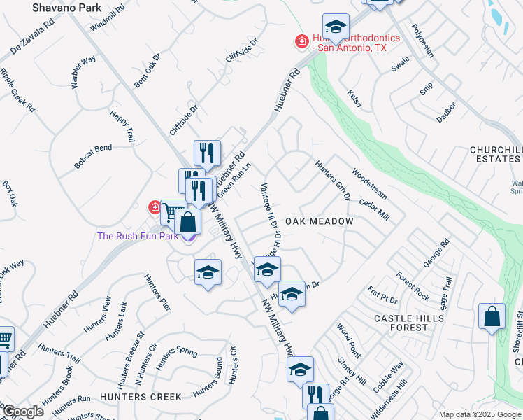 map of restaurants, bars, coffee shops, grocery stores, and more near 2902 Meadow Thrush Street in San Antonio