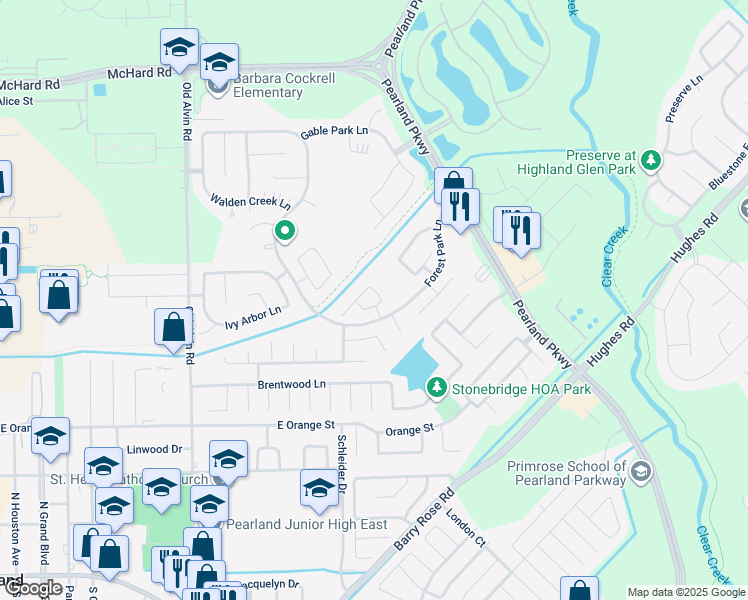 map of restaurants, bars, coffee shops, grocery stores, and more near 1906 Lantana Spring Lane in Pearland