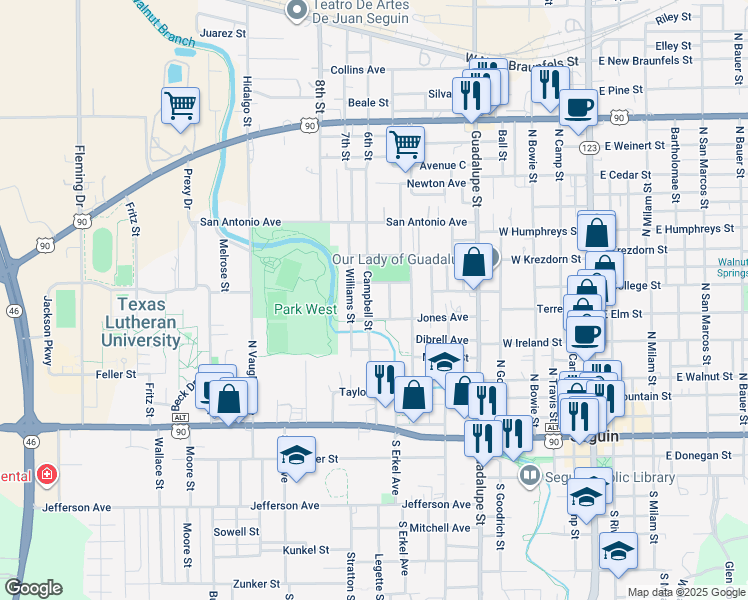 map of restaurants, bars, coffee shops, grocery stores, and more near 621 Campbell Street in Seguin