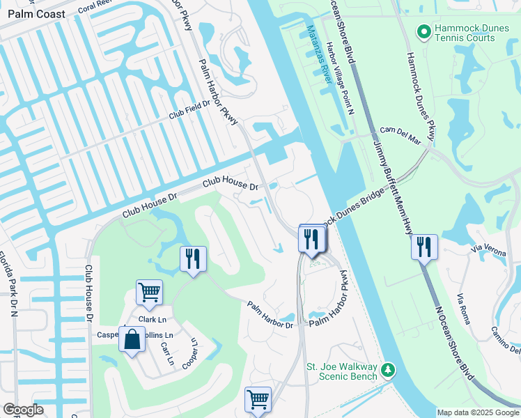 map of restaurants, bars, coffee shops, grocery stores, and more near Misty Harbor Trace in Palm Coast