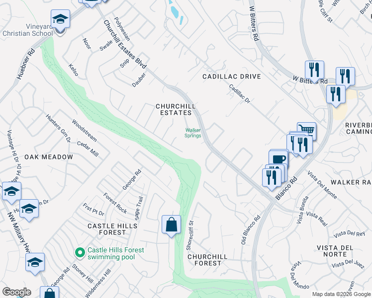 map of restaurants, bars, coffee shops, grocery stores, and more near 1906 Preakness Lane in San Antonio