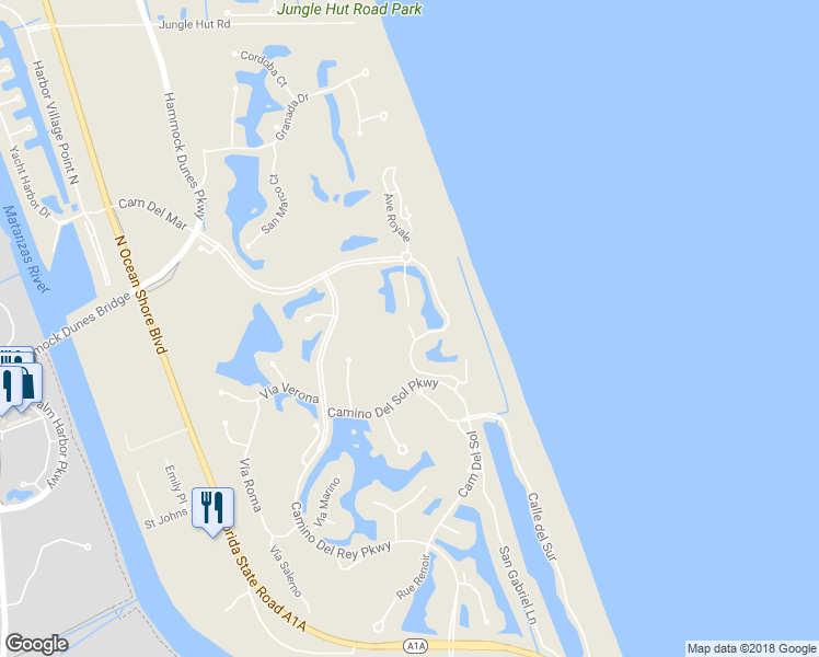 map of restaurants, bars, coffee shops, grocery stores, and more near 2 Avenue De La Mer in Palm Coast