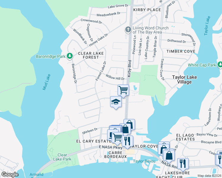 map of restaurants, bars, coffee shops, grocery stores, and more near 522 Lorie Lane in Seabrook