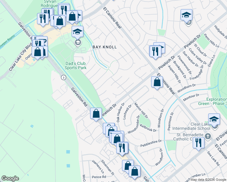map of restaurants, bars, coffee shops, grocery stores, and more near 807 Knotty Elmwood Trail in Houston