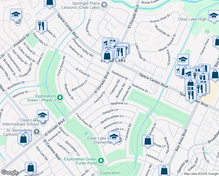 map of restaurants, bars, coffee shops, grocery stores, and more near 1626 Festival Drive in Houston