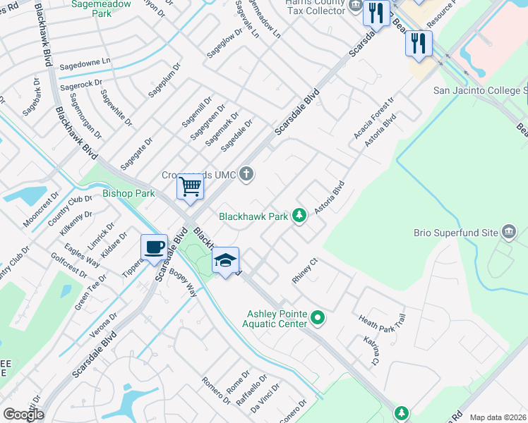 map of restaurants, bars, coffee shops, grocery stores, and more near 10035 Park Meadow Dr in Houston