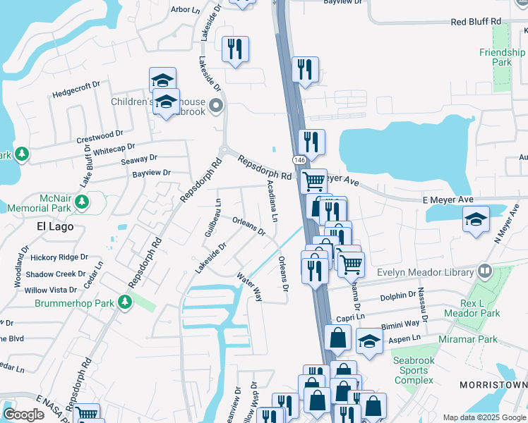 map of restaurants, bars, coffee shops, grocery stores, and more near 2522 La Rochelle Court in Seabrook
