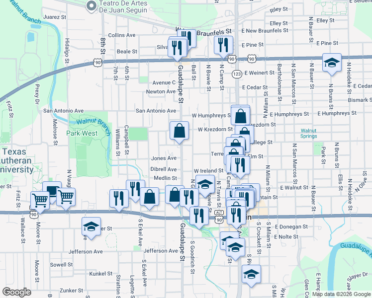 map of restaurants, bars, coffee shops, grocery stores, and more near 617 North Guadalupe Street in Seguin