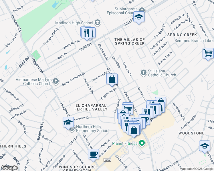 map of restaurants, bars, coffee shops, grocery stores, and more near 5050 Ayrshire Drive in San Antonio