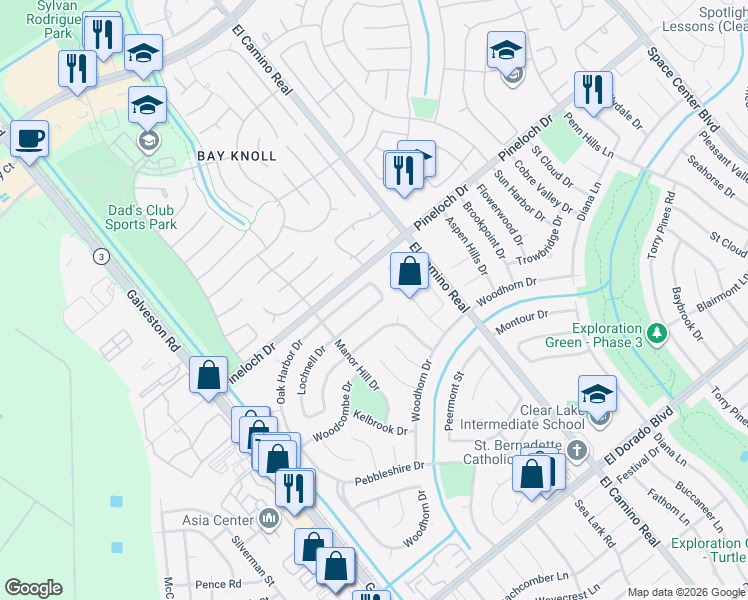 map of restaurants, bars, coffee shops, grocery stores, and more near 815 Lochnell Drive in Houston
