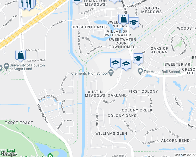 map of restaurants, bars, coffee shops, grocery stores, and more near 2711 Oakland Drive in Sugar Land