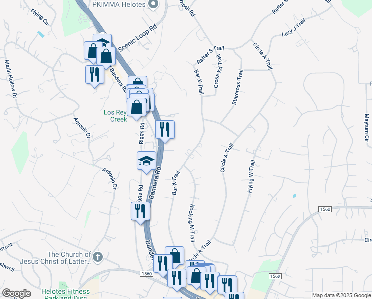 map of restaurants, bars, coffee shops, grocery stores, and more near 10810 Bar X Trail in Helotes