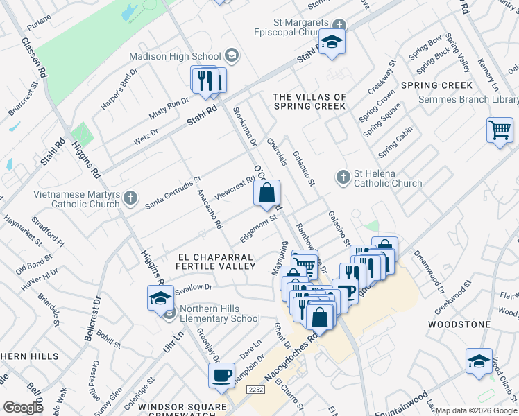 map of restaurants, bars, coffee shops, grocery stores, and more near 5050 Ayrshire Drive in San Antonio