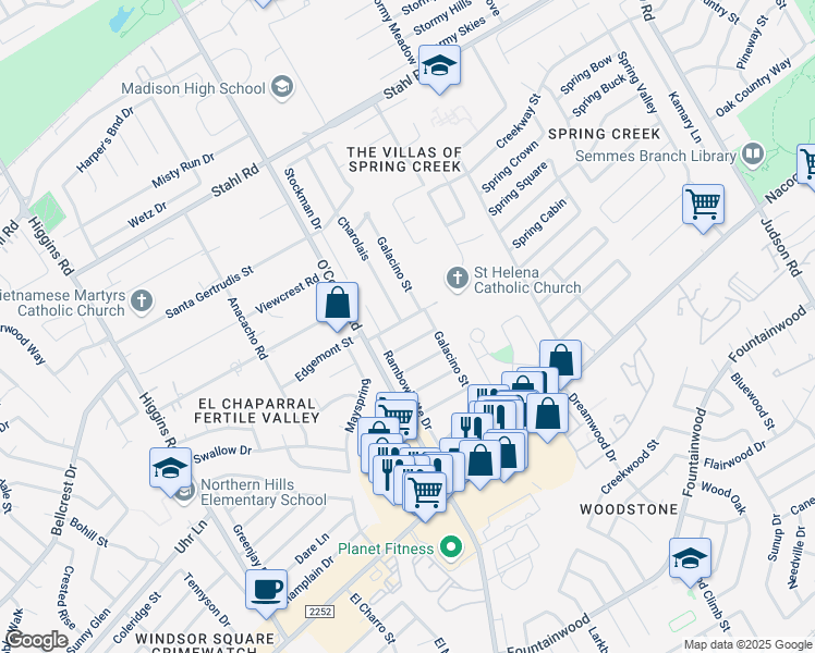 map of restaurants, bars, coffee shops, grocery stores, and more near 14618 Edgemont Street in San Antonio