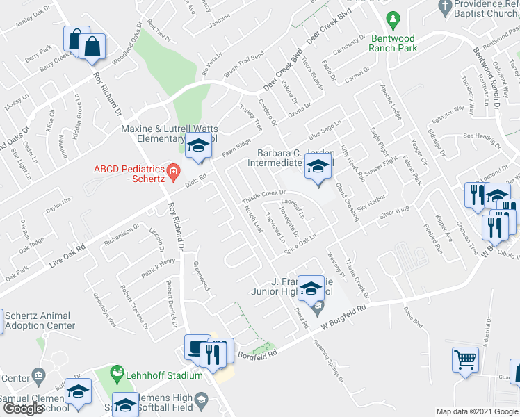 map of restaurants, bars, coffee shops, grocery stores, and more near 242 Tapwood Lane in Cibolo