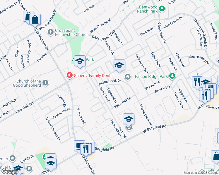 map of restaurants, bars, coffee shops, grocery stores, and more near 242 Tapwood Lane in Cibolo