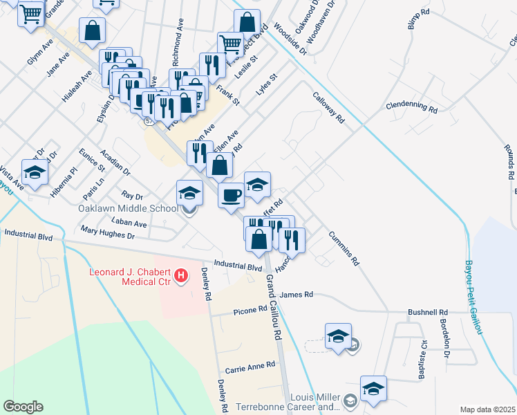 map of restaurants, bars, coffee shops, grocery stores, and more near 105 Moffet Road in Houma