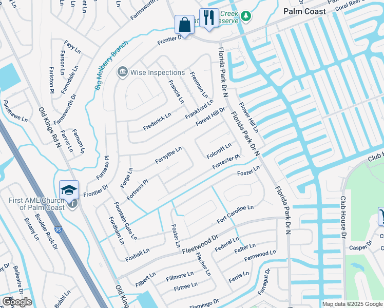 map of restaurants, bars, coffee shops, grocery stores, and more near 73 Forsythe Lane in Palm Coast