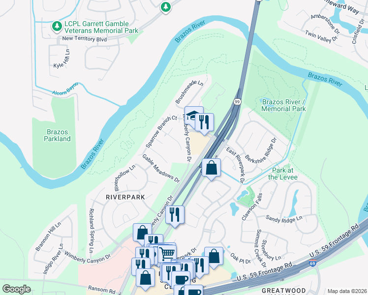 map of restaurants, bars, coffee shops, grocery stores, and more near 5531 Moss Meadow Court in Sugar Land