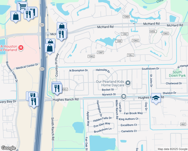 map of restaurants, bars, coffee shops, grocery stores, and more near 1023 Woodbridge Avenue in Pearland