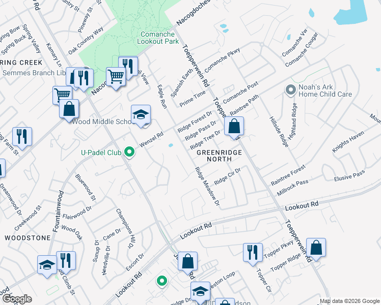 map of restaurants, bars, coffee shops, grocery stores, and more near 6302 Ridge Tree Drive in San Antonio