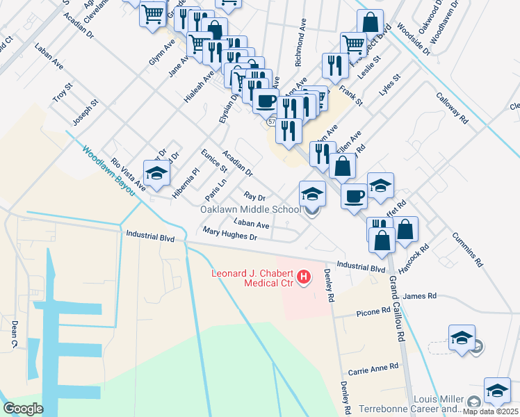 map of restaurants, bars, coffee shops, grocery stores, and more near 2101 Ruby Drive in Houma