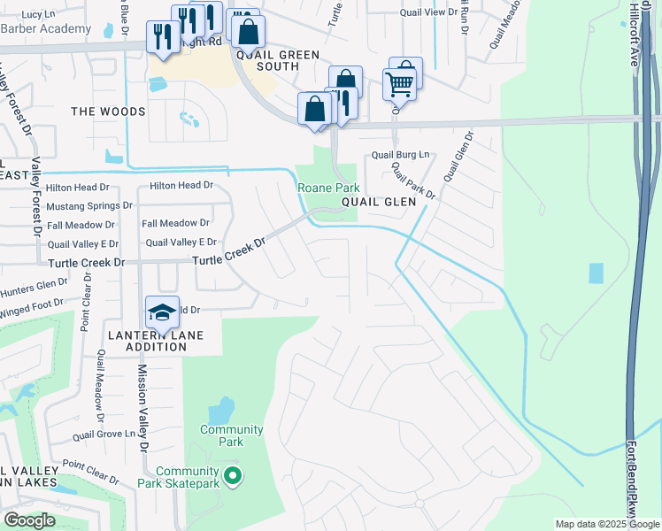 map of restaurants, bars, coffee shops, grocery stores, and more near 1411 Cherry Springs Court in Missouri City