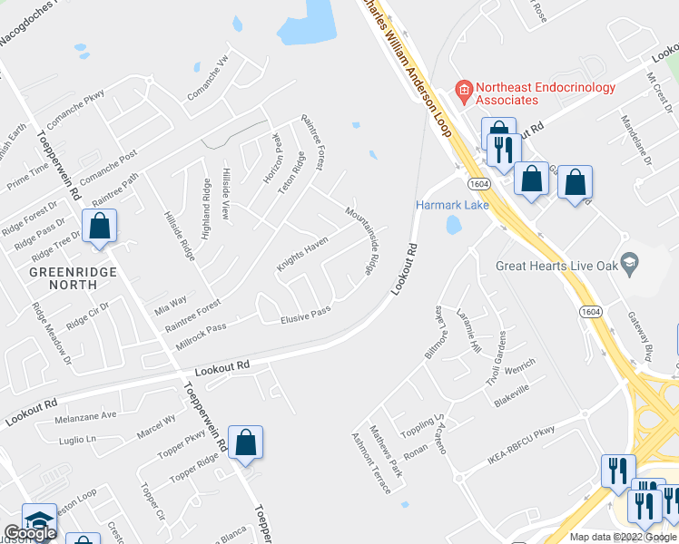 map of restaurants, bars, coffee shops, grocery stores, and more near 14423 Raptor Peak in San Antonio