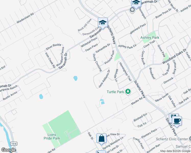 map of restaurants, bars, coffee shops, grocery stores, and more near 372 Frank Baum Dr in Schertz