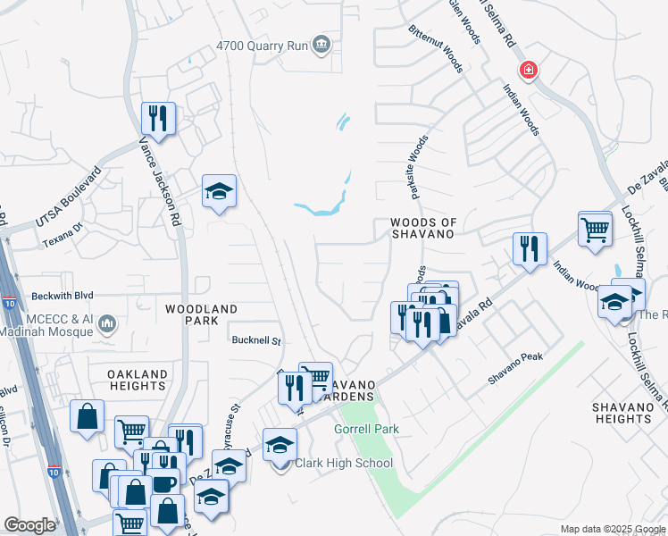 map of restaurants, bars, coffee shops, grocery stores, and more near 4714 Paradise Woods in San Antonio