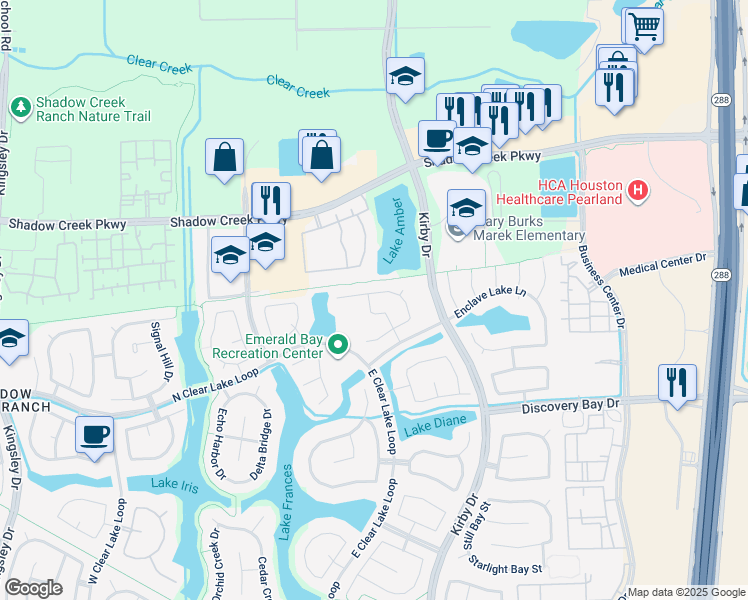 map of restaurants, bars, coffee shops, grocery stores, and more near 11710 Shoal Landing Street in Pearland