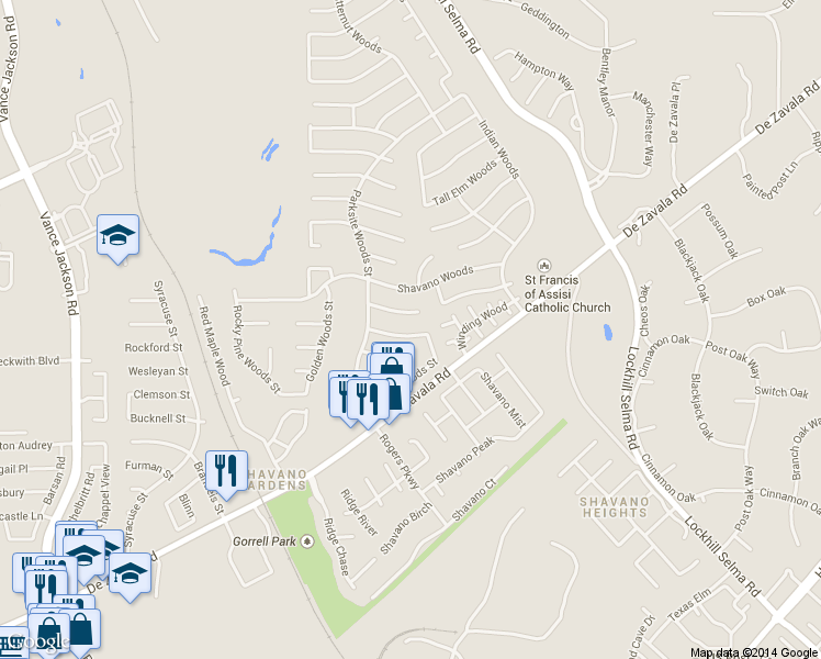map of restaurants, bars, coffee shops, grocery stores, and more near 4411 Huntington Woods St in San Antonio