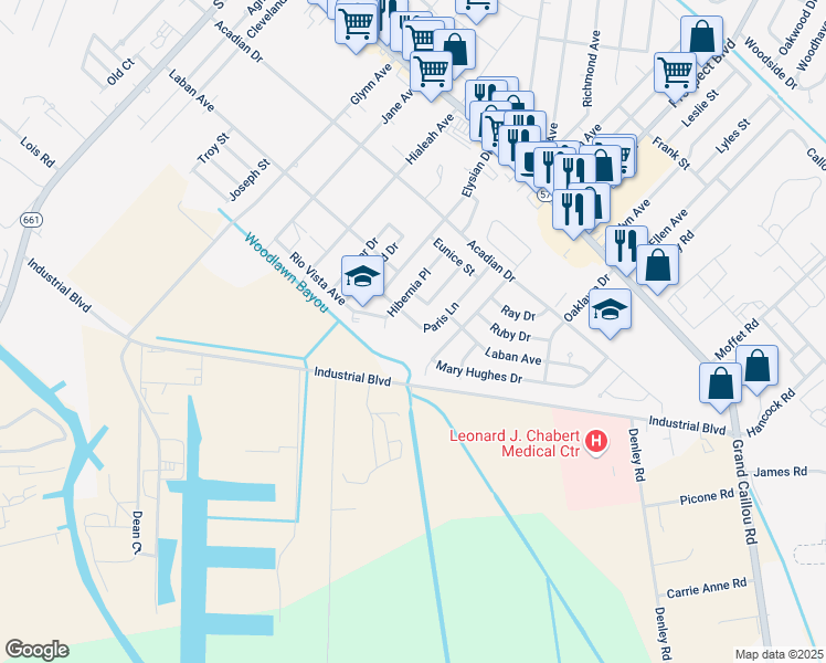 map of restaurants, bars, coffee shops, grocery stores, and more near 513 Paris Lane in Houma