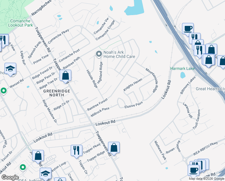 map of restaurants, bars, coffee shops, grocery stores, and more near 6831 Raintree Forest in San Antonio