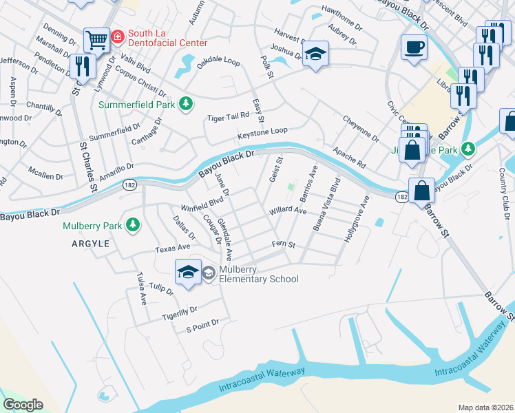 map of restaurants, bars, coffee shops, grocery stores, and more near 312 South Street in Houma