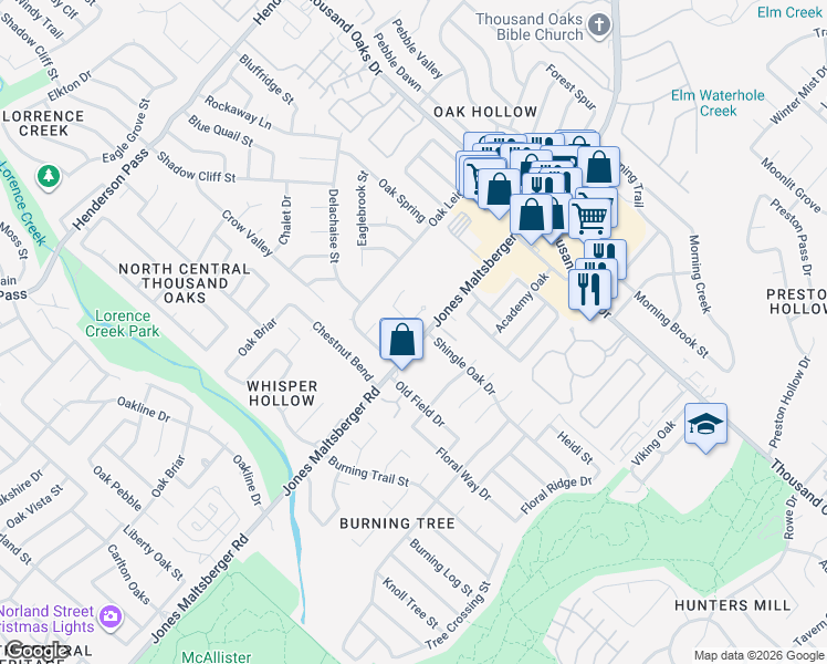 map of restaurants, bars, coffee shops, grocery stores, and more near 15226 Rompel Trail Drive in San Antonio