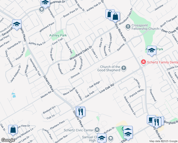 map of restaurants, bars, coffee shops, grocery stores, and more near 997 Water Oak in Schertz