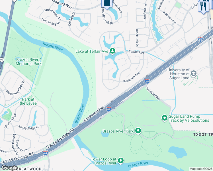 map of restaurants, bars, coffee shops, grocery stores, and more near 1419 Ralston Branch Way in Sugar Land
