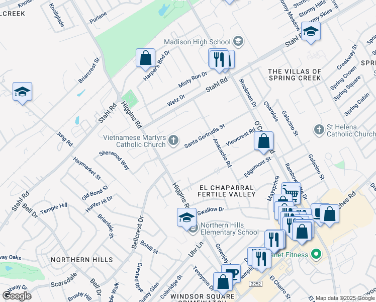map of restaurants, bars, coffee shops, grocery stores, and more near 14538 Santa Gertrudis Street in San Antonio