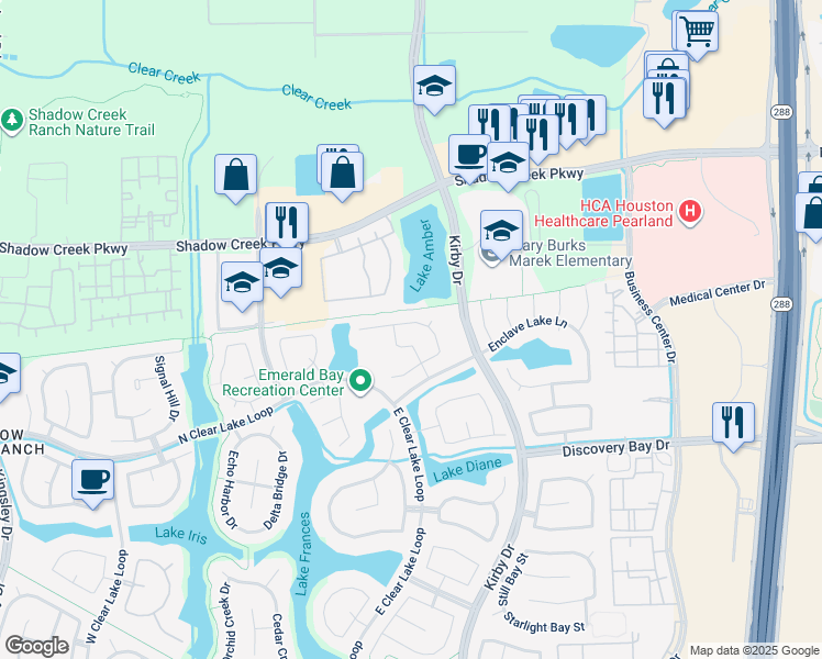 map of restaurants, bars, coffee shops, grocery stores, and more near 11710 Shoal Landing Street in Pearland