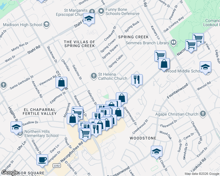 map of restaurants, bars, coffee shops, grocery stores, and more near 14539 Sacred in San Antonio