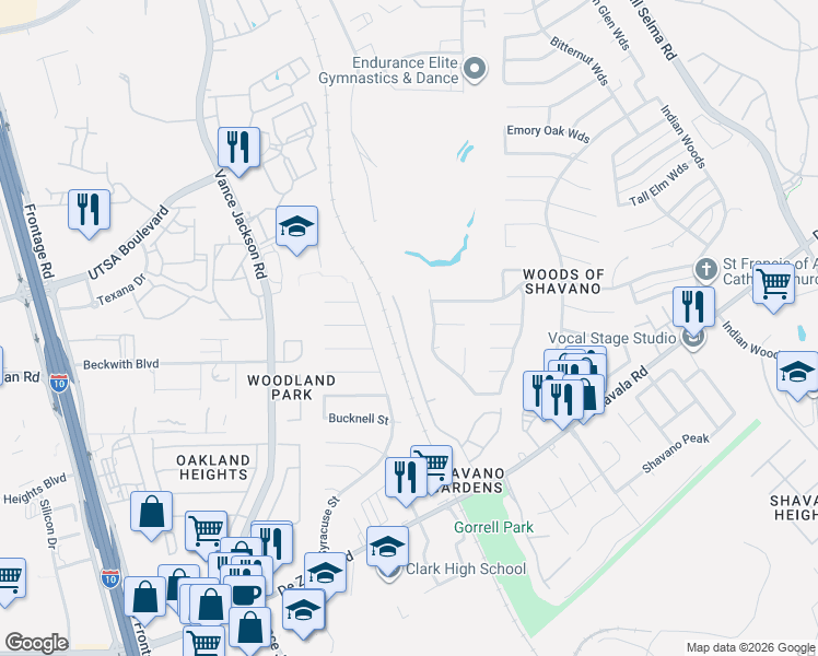 map of restaurants, bars, coffee shops, grocery stores, and more near 14110 Red Maple Wood in San Antonio