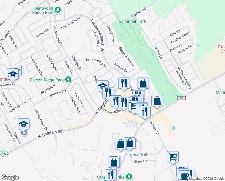 map of restaurants, bars, coffee shops, grocery stores, and more near 401 Zoeller Cove in Cibolo
