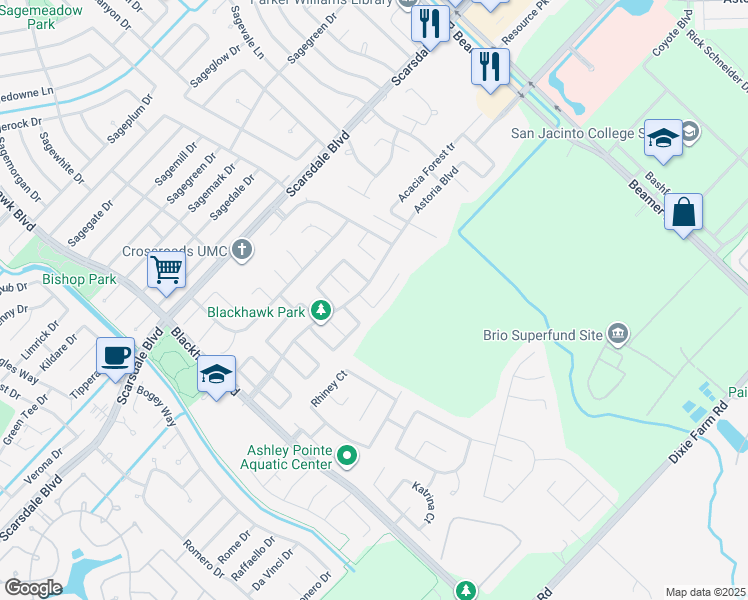 map of restaurants, bars, coffee shops, grocery stores, and more near 10231 Cades Creek Court in Houston